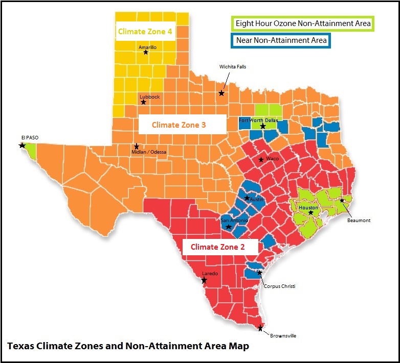 Texas Climate Zones and Non-Attainment Area Map